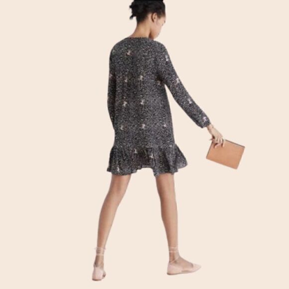 Madewell Black Printed Silk Fiesta Paisley Bell-Sleeve Mini Tunic Dress Size 2 - Picture 4 of 16